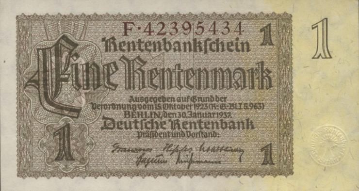 R.166F: 1 Rentenmark 1937 braune Knr. (1-) 
