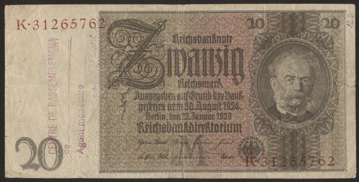 R.174f: 20 Reichsmark 1929 mit belgischem Lagerstempel (3) 