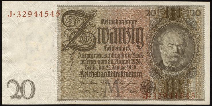 R.174F: 20 Reichsmark 1929 mit brauner KN (1/1-) 