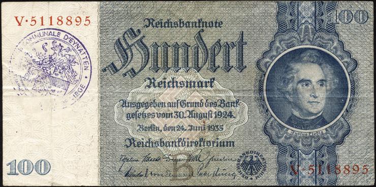R.176e: 100 Reichsmark 1935 mit belgischem Gemeindestempel (3) 