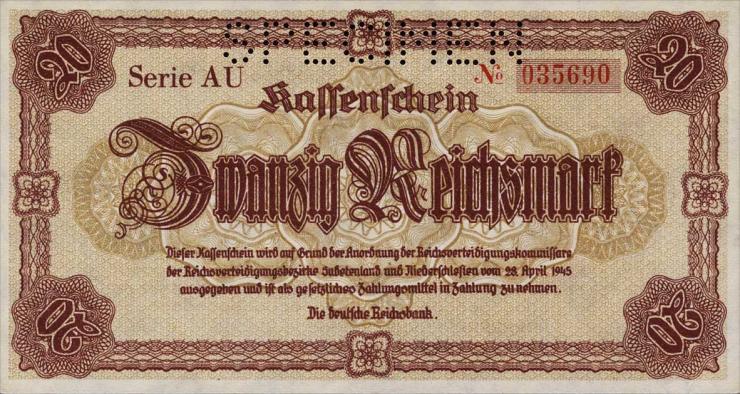 R.186S: 20 Reichsmark 1945 Notausgabe Sudetenland Specimen  (1) 