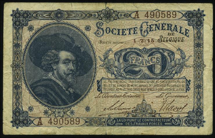 R.436: Besetzung Belgien 20 Francs 1915 (3-) 