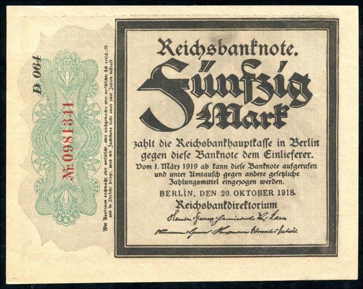 R.056d: 50 Mark 1918 "Trauerschein" (1/1-) "0981341" 