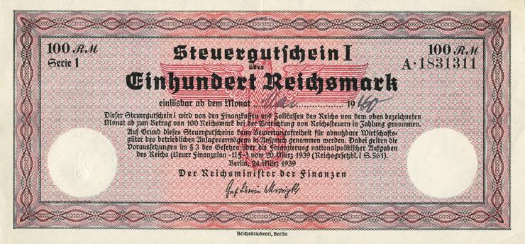 R.716: Steuergutschein 100 Reichsmark 1939 ohne Stempel (2) 