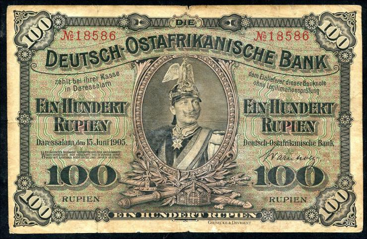 R.903b: Deutsch-Ostafrika 100 Rupien 1905 (3-) 