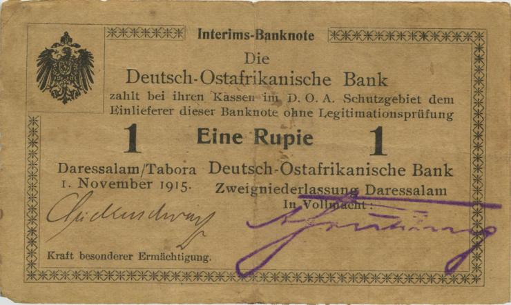 R.916e: Deutsch-Ostafrika 1 Rupie 1915 C (3) Nummern handschriftlich 