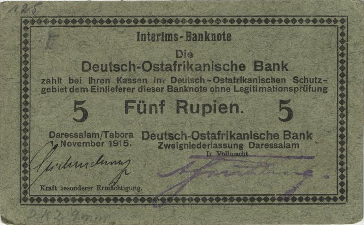 R.921c: Deutsch-Ostafrika 5 Rupien 1915 D (3+) U. Seidenschwarz 
