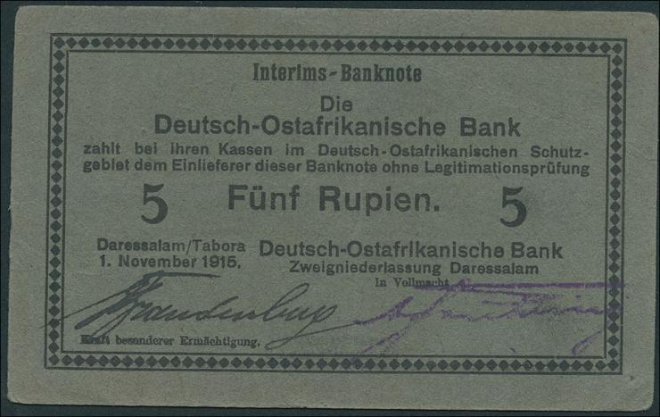 R.921h: Deutsch-Ostafrika 5 Rupien 1915 F (2+) "Brandenburg" 