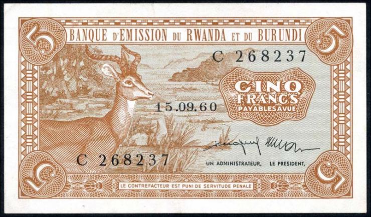 Ruanda / Rwanda Burundi P.01 5 Francs 1960 (2) 