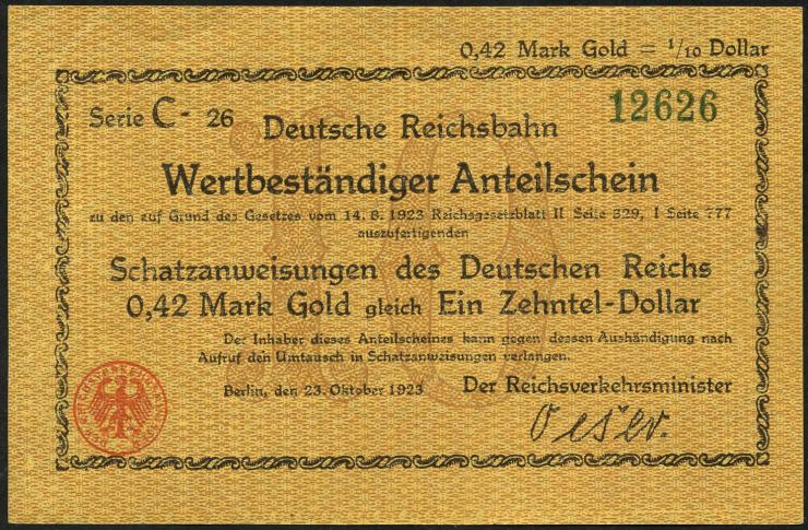 RVM-23a Reichsbahn Berlin 0,42 Mark Gold = 1/10 Dollar 23.10.1923 (1) 