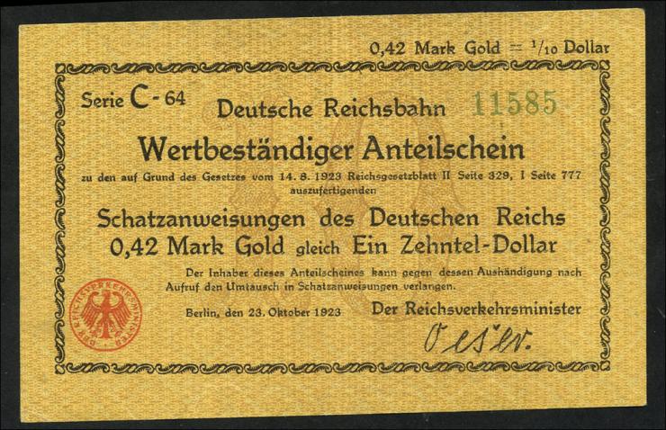 RVM-23a Reichsbahn Berlin 0,42 Mark Gold = 1/10 Dollar 23.10.1923 (1-) 