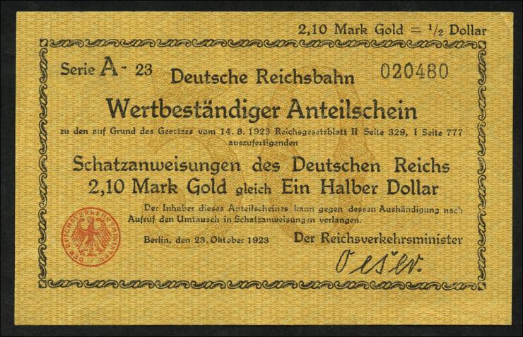 RVM-25 Reichsbahn Berlin 2,10 Mark Gold = 1/2 Dollar 23.10.1923 (2) 