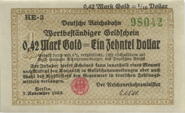 RVM-26a Reichsbahn Berlin 0,42 Mark Gold = 1/10 Dollar HE 7.11.1923 (1) 