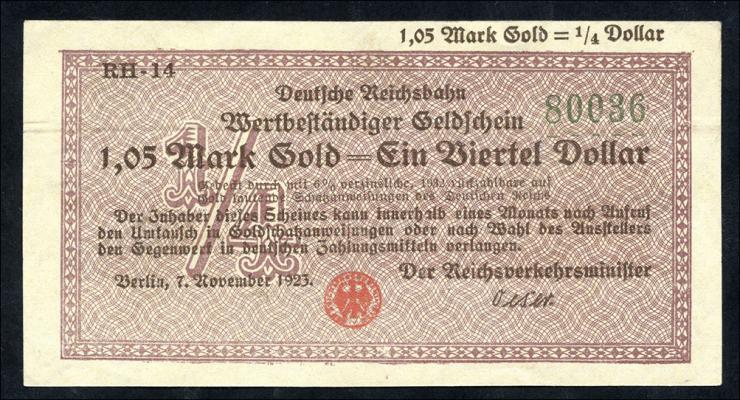 RVM-27a Reichsbahn Berlin 1,05 Mark Gold = 1/4 Dollar 1923 RH (1-) 