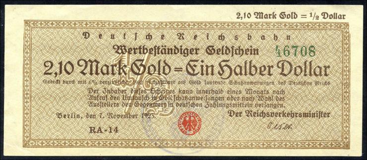 RVM-28a Reichsbahn Berlin 2,10 Mark Gold = 1/2 Dollar 7.11.1923 (1) 
