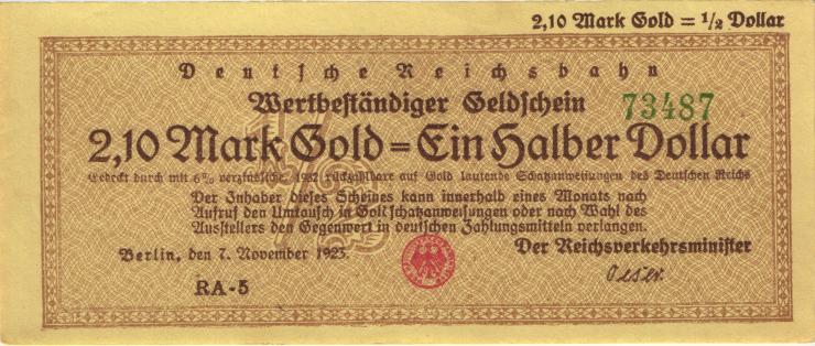 RVM-28 Reichsbahn Berlin 2,1 Mark Gold = 1/2 Dollar 7.11.1923 RA  (1) 