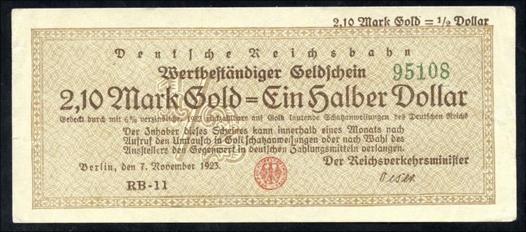 RVM-28b Reichsbahn Berlin 2,10 Mark Gold = 1/2 Dollar RB 7.11.1923 (2) 