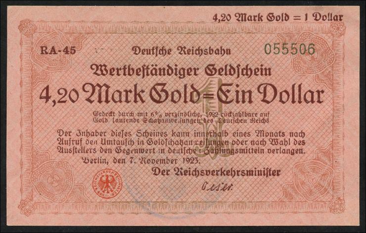 RVM-30 Reichsbahn Berlin 4,20 Mark Gold = 1 Dollar 7.11.1923 (1-) 