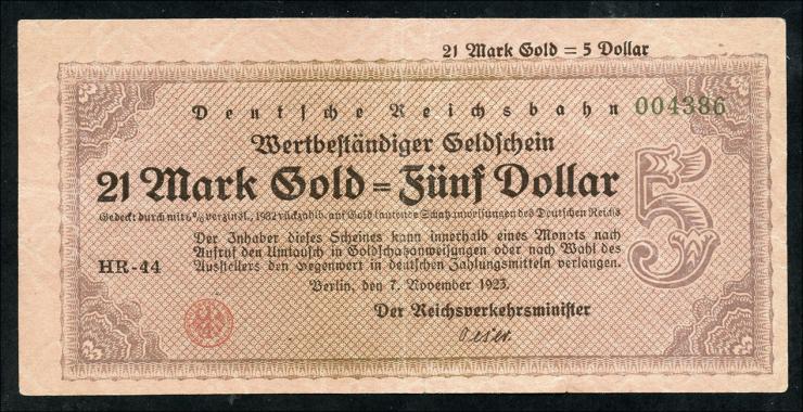 RVM-32 Reichsbahn Berlin 21 Mark Gold = 5 Dollar 7.11.1923 (3/2) 