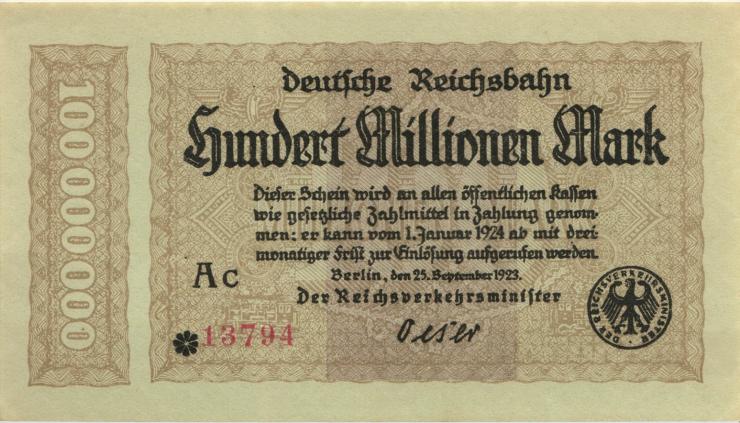 RVM-07 Reichsbahn Berlin 100 Millionen Mark 1923 * Knr (1) 5-stellig 