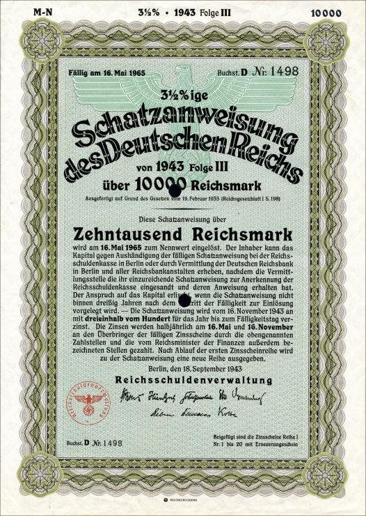 10.000 Mark Schatzanweisung des Deutschen Reichs 1942 (1-) 