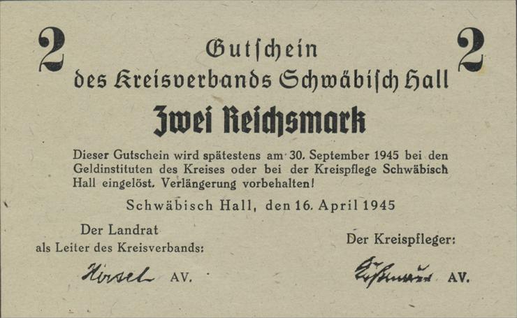 Schwäbisch Hall 2 Reichsmark 16.4.1945 (1) 
