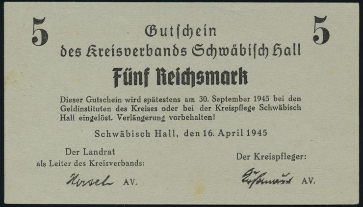 Schwäbisch Hall 5 Reichsmark 16.4.1945 (1/1-) 
