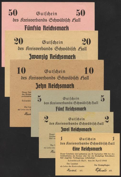 Schwäbisch Hall 1,2,5,10,20,50 Reichsmark 16.4.1945 (1/1-) 