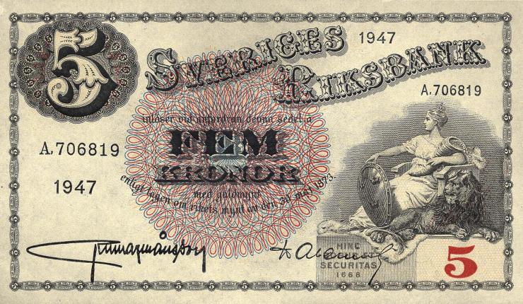 Schweden / Sweden P.33ad 5 Kronen 1947 (1) 