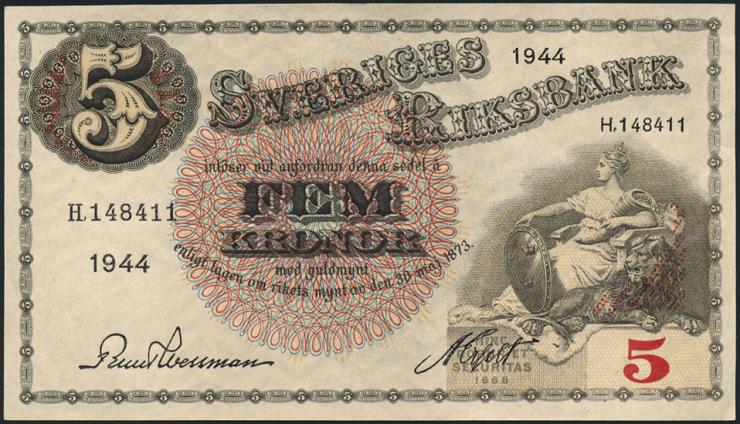 Schweden / Sweden P.33aa 5 Kronen 1944 (1/1-) 