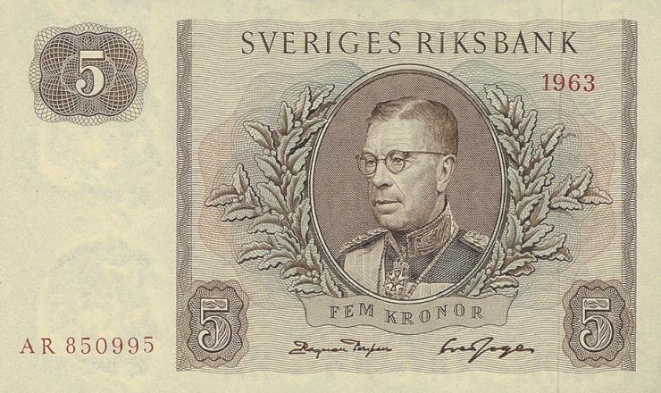 Schweden / Sweden P.50b 5 Kronen 1963 Gustav VI. Adolf (1/1-) 