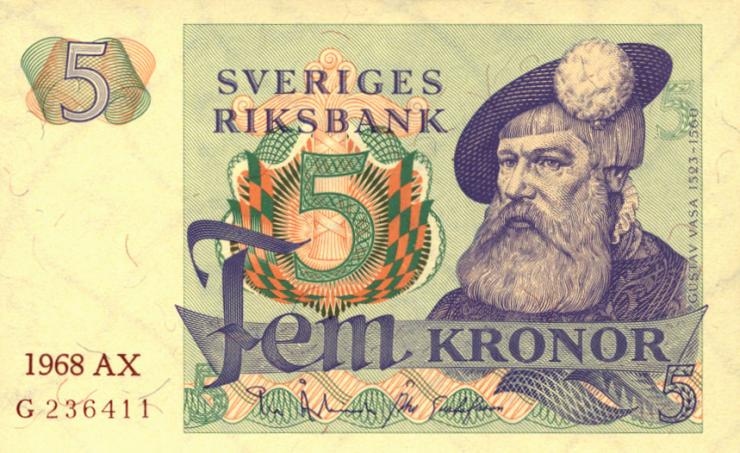 Schweden / Sweden P.51a 5 Kronen 1965-69 Gustav Wasa (1) 
