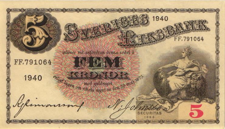 Schweden / Sweden P.33w 5 Kronen 1940 (1) 