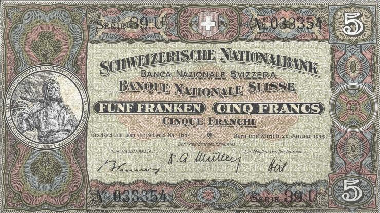 Schweiz / Switzerland P.11n 5 Franken 1949 (1) 