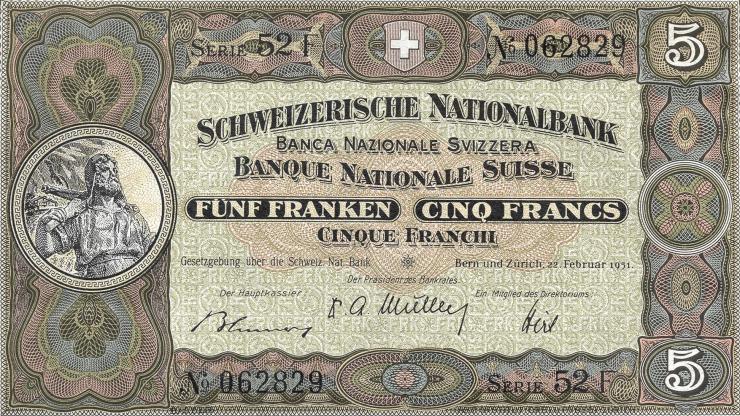 Schweiz / Switzerland P.11o 5 Franken 1951 (1) 