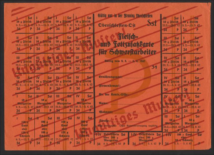 Oberschlesien Lebensmittelkarte 1942 (2) "Muster Zulagekarte für Schwerstarbeiter" 