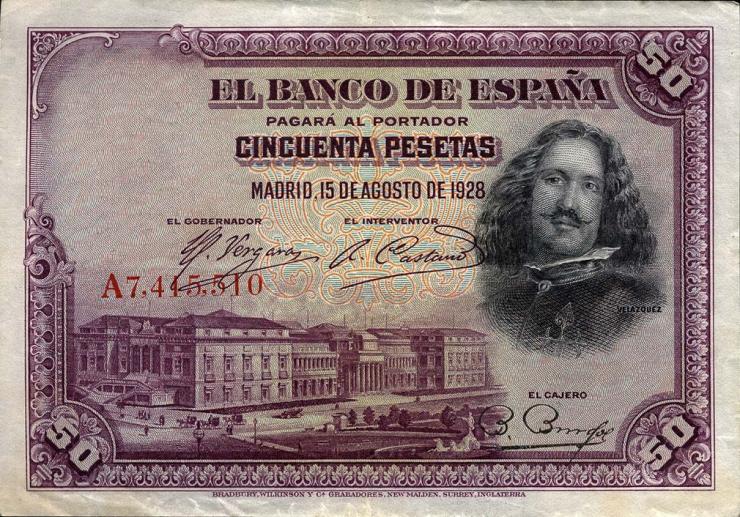 Spanien / Spain P.075a 50 Pesetas 1928 (3+) 