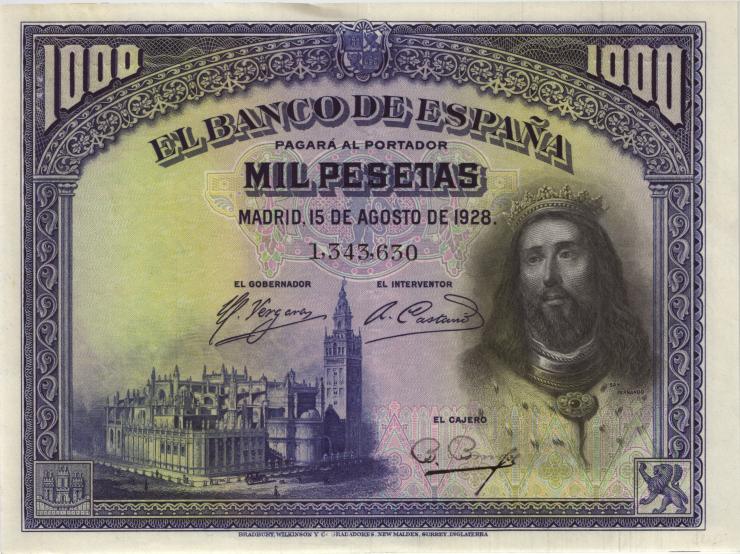 Spanien / Spain P.078 1000 Pesetas 1928 (2+) 
