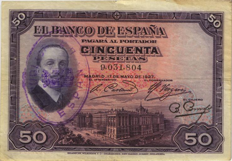 Spanien / Spain P.080a 50 Pesetas (1931) (3-) 