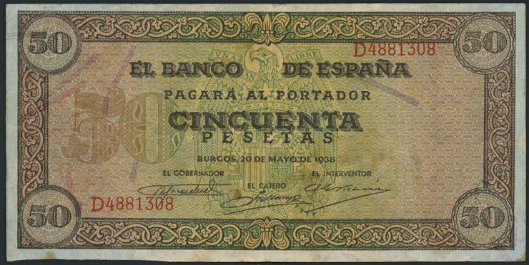Spanien / Spain P.112 50 Pesetas 1938 (3-) 