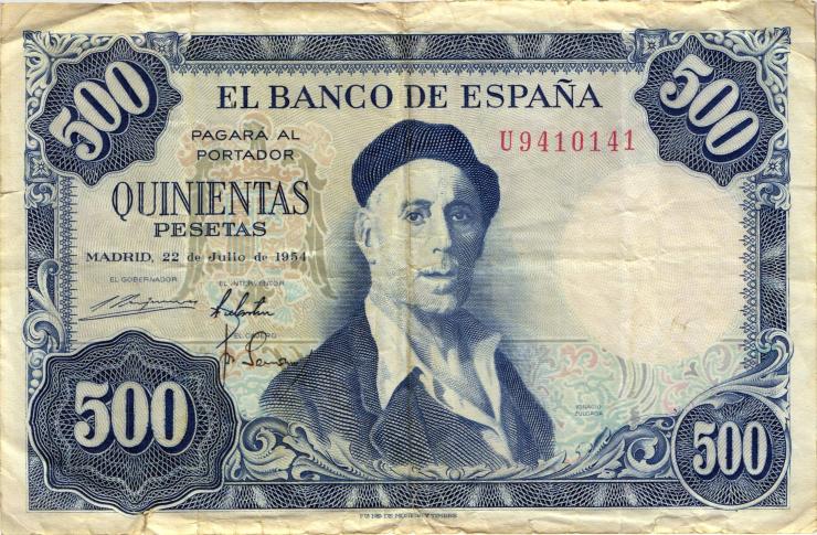 Spanien / Spain P.148 500 Pesetas 1954 (1958) (3-) 