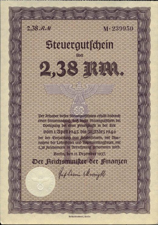 Steuergutschein 2,38 Reichsmark 1937 (1) Serie B 