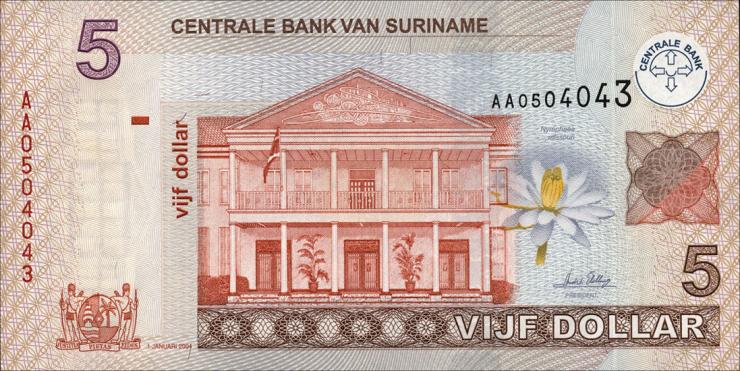 Surinam / Suriname P.157a 5 Dollars 2004 (1) 