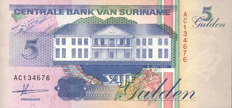 Surinam / Suriname P.136a 5 Gulden 1991 (1) 