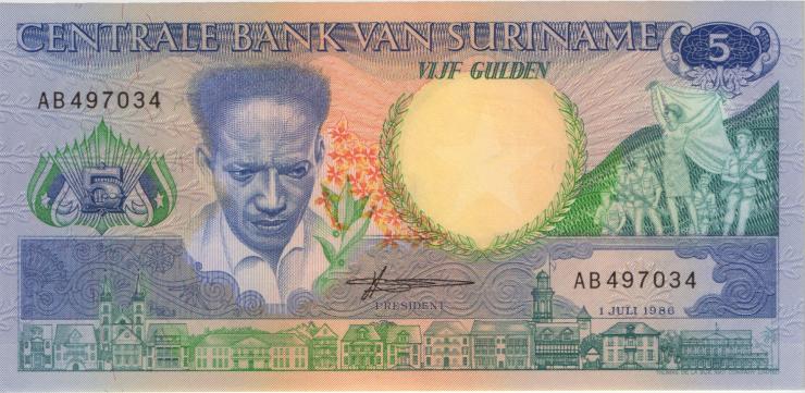Surinam / Suriname P.130a 5 Gulden 1986 (1) 