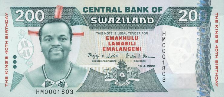 Swasiland / Swaziland P.35 200 Emalangeni 2008  Gedenkbanknote(1) 