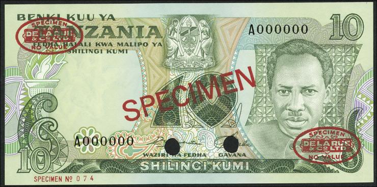 Tansania / Tanzania P.06s 10 Shillings (1978) Specimen (1) 