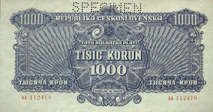 Tschechoslowakei / Czechoslovakia P.050s 1000 Kronen 1944 Specimen (2) 