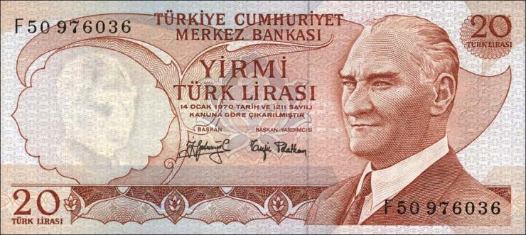 Türkei / Turkey P.187a 20 Lira 1970 (1974) (1-) 
