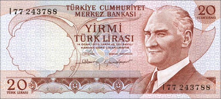 Türkei / Turkey P.187b 20 Lira 1970 (1974) (1) 